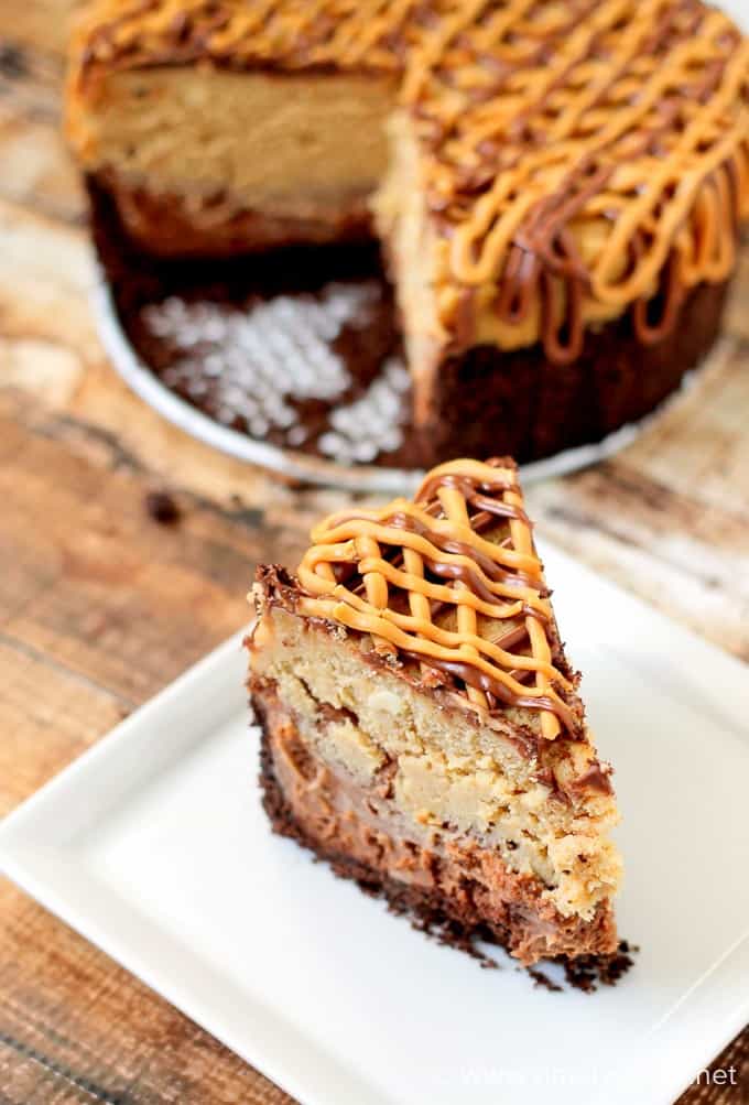 Slow Cooker Chocolate Peanut Butter Cheesecake - This yummy slow cooker dessert is the epitome of comfort food. It's thick, dense, moist and sweet. It's everything a cheesecake should be and then some.
