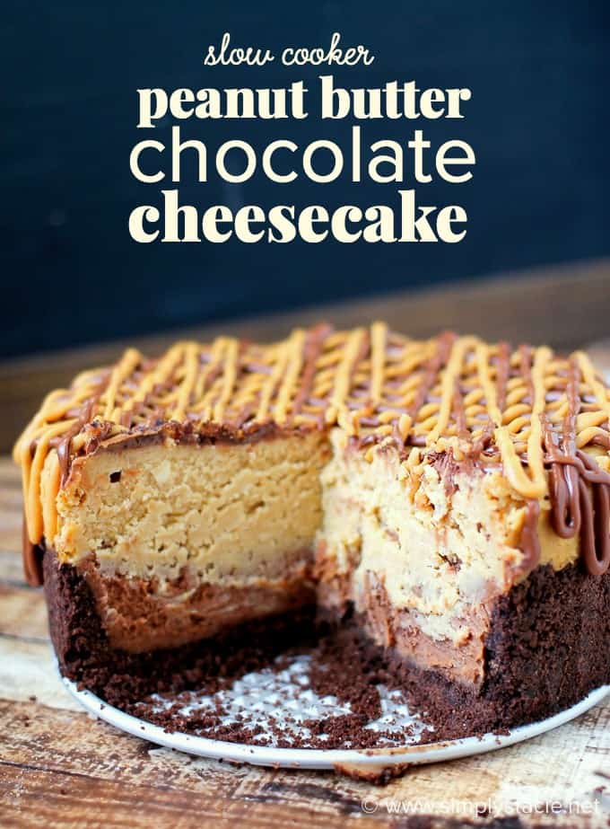 Slow Cooker Chocolate Peanut Butter Cheesecake - This yummy slow cooker dessert is the epitome of comfort food. It's thick, dense, moist and sweet. It's everything a cheesecake should be and then some.