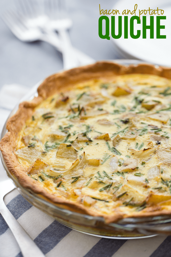 Bacon and Potato Quiche - Perfect for a St. Patrick's day brunch! A creamy, cheesy filling packed with hearty potatoes, bacon and fresh herbs.