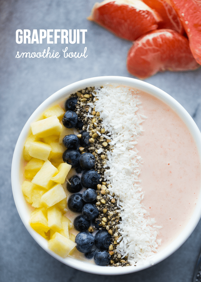 Grapefruit Smoothie Bowl - This easy smoothie bowl recipe is healthy and naturally sweet way to kickstart your mornings. It's made with creamy blend of Sweet Scarletts Texas Red Grapefruit, Greek Yogurt, pineapple and a banana. Top it with some fresh blueberries, seeds and coconut. Yum!