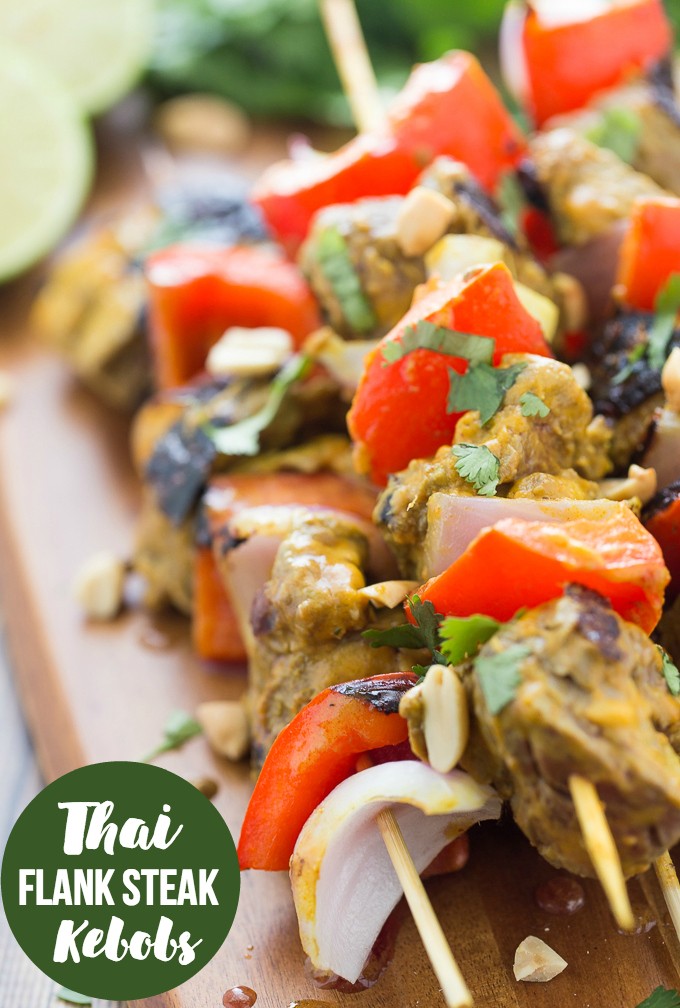 Thai Flank Steak Kebobs - Add a little Thai flair to your next barbecue with this mouthwatering nutty nibbles on a stick recipe. It's tender and juicy with the flavours of lime, chili and peanuts!