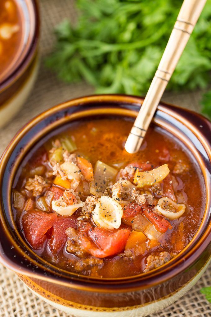 Hamburger Soup - My version of my grandma's favourite soup. It's hearty, filling and flavourful. Enjoy a piping hot bowl on a cold winter's day.