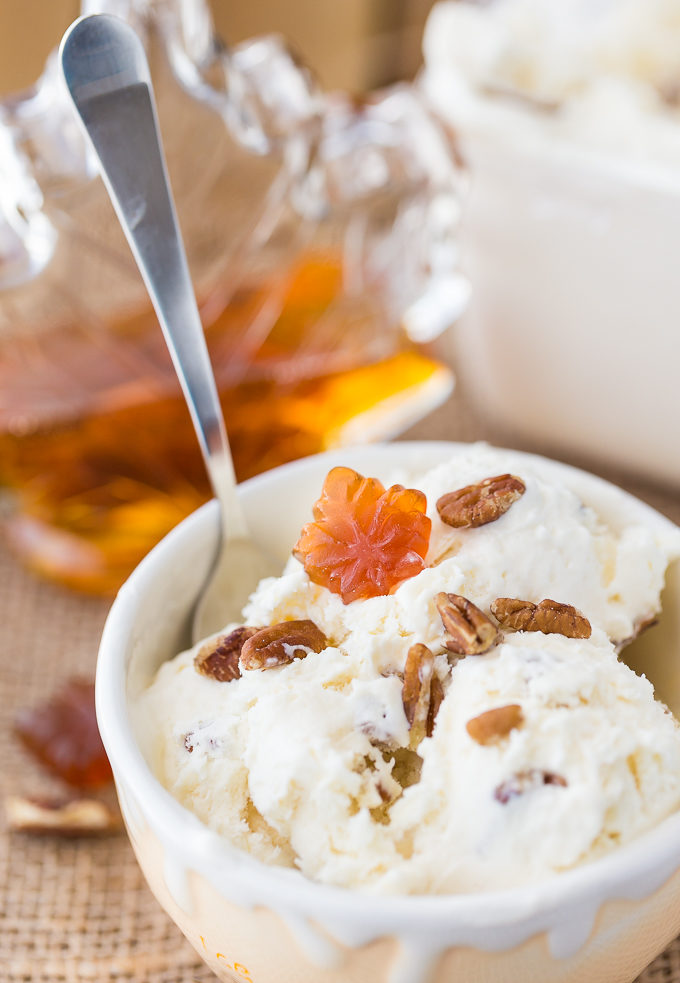 No-Churn Maple Pecan Ice Cream - Creamy, sweet with a little bit of crunch, you'll love the flavour the maple syrup adds to this ice cream recipe. 