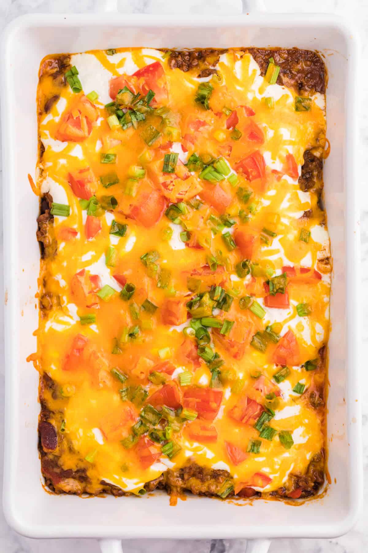 Taco casserole in a pan.