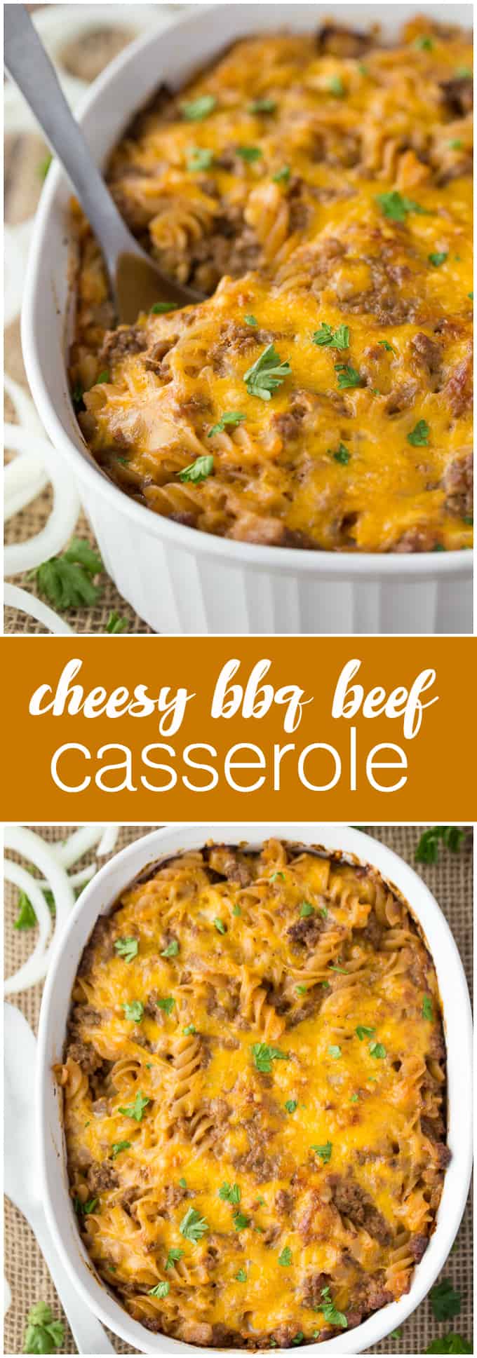 Cheesy BBQ Beef Casserole - Ground beef, cheese and tangy BBQ sauce create a quick, easy and cost-effective family meal that everyone is sure to enjoy. This dish is a great make-ahead meal, and makes a great lunch the next day!