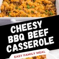 Cheesy BBQ Beef Casserole - Ground beef, cheese and tangy BBQ sauce create a quick, easy and cost-effective family meal that everyone is sure to enjoy. This dish is a great make-ahead meal, and makes a great lunch the next day!