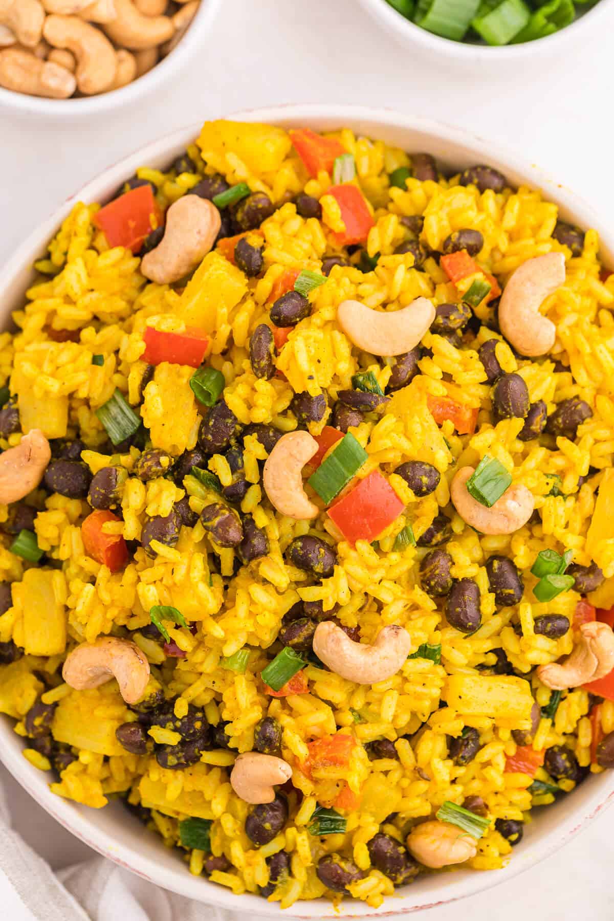 Close up of Jamaican curried rice in a bowl.