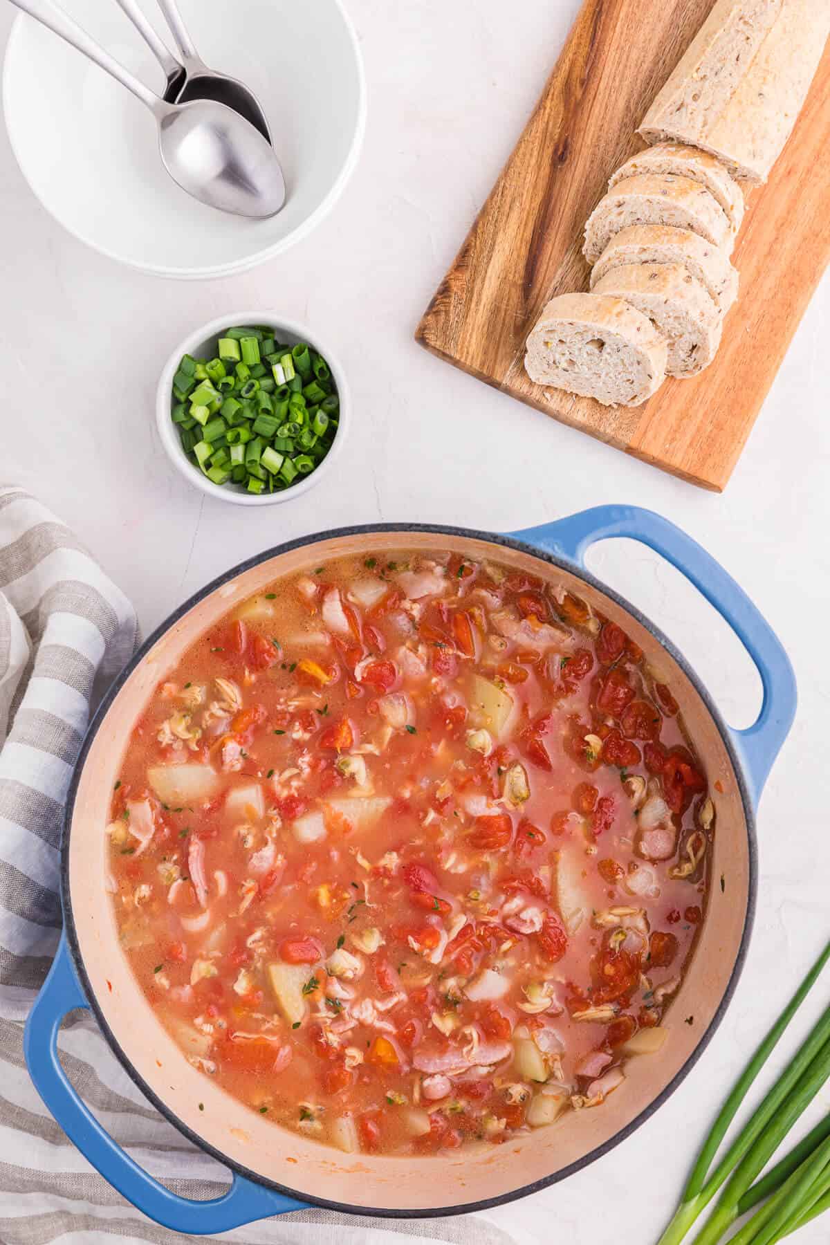 manhattan clam chowder in a dutch oven.