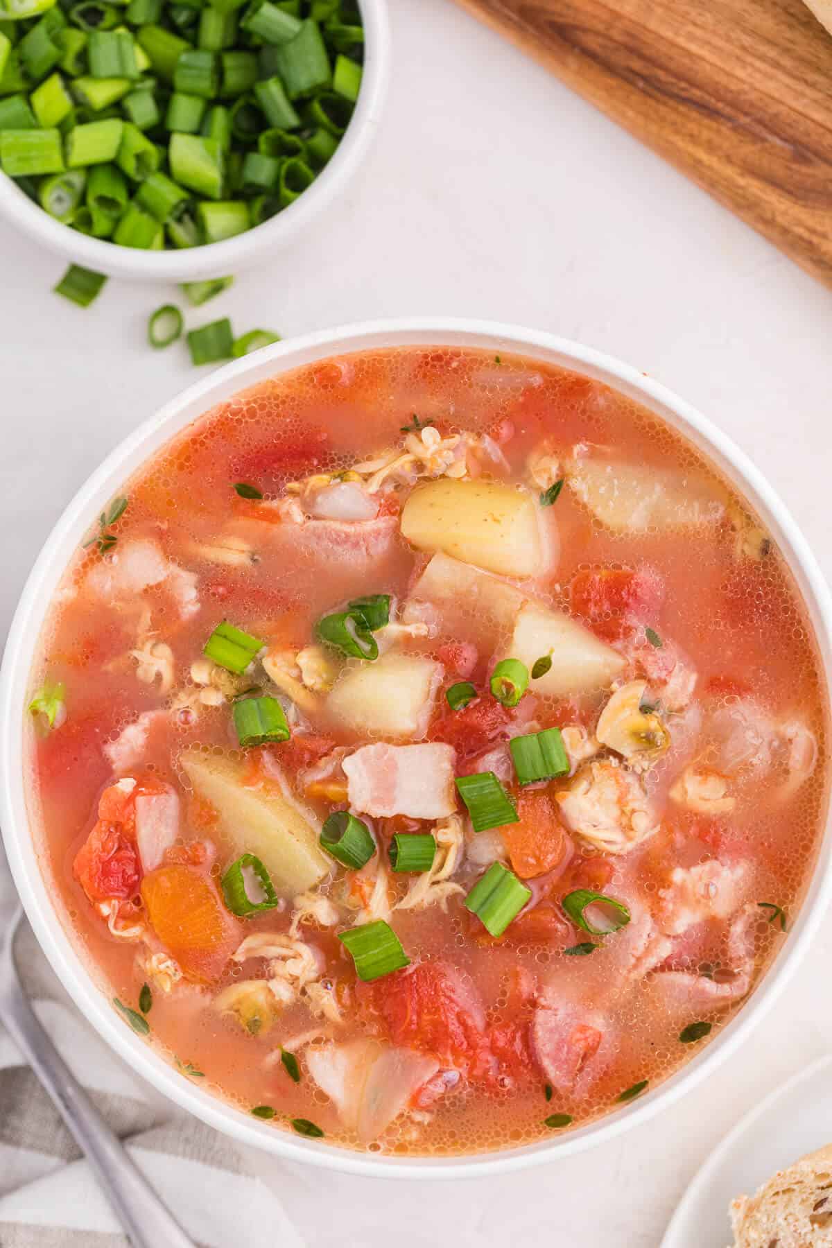 A bowl of Manhattan Clam Chowder.