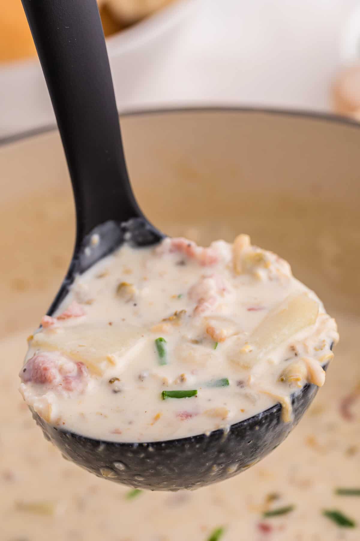 A ladle of new england clam chowder.