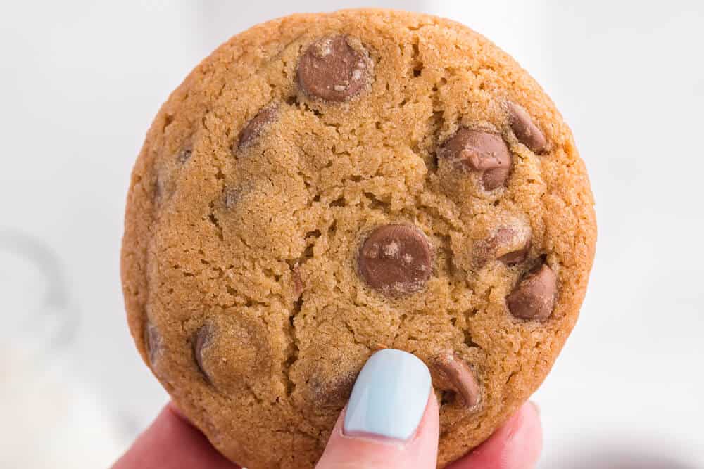 A hand holding a chocolate chip cookie