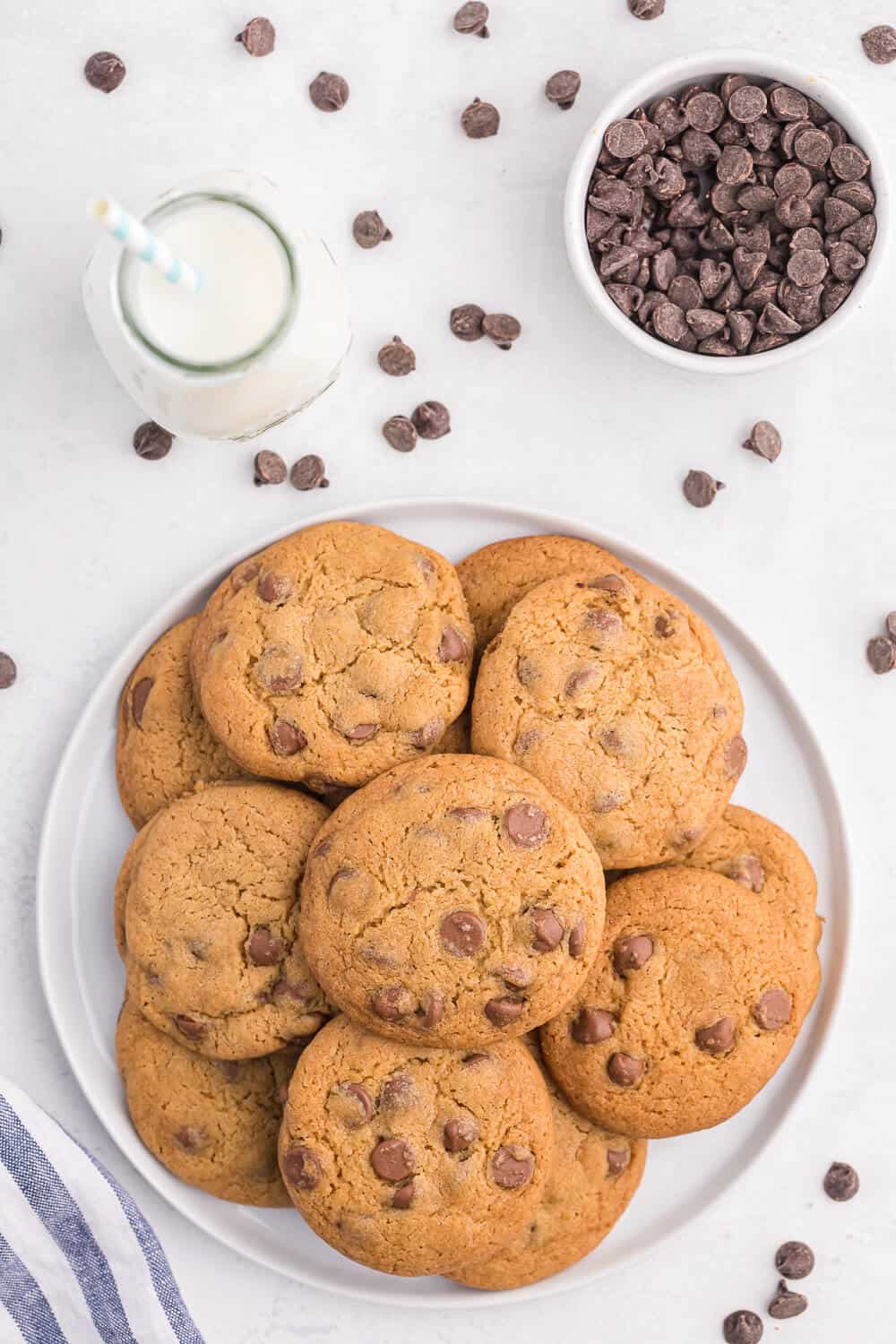 Chocolate cookies on a white plate with a glass of milk