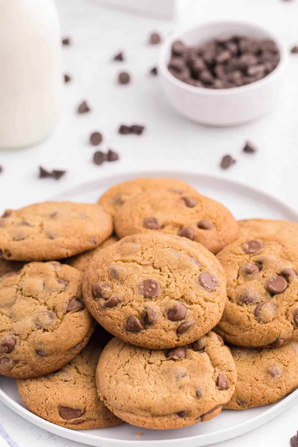 chocolate chip cookies on a white plate