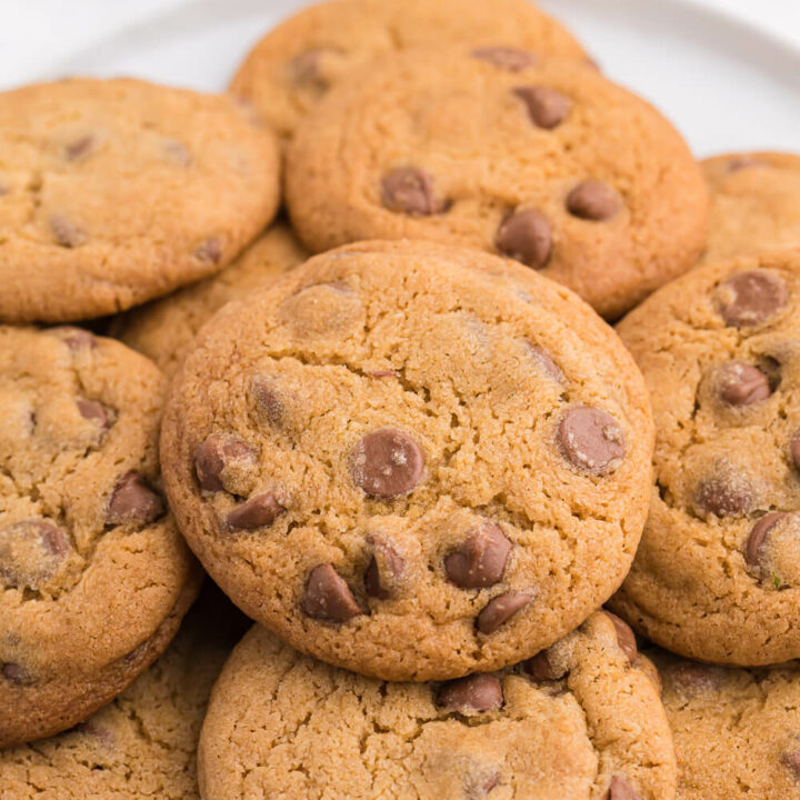 chocolate chip cookies on a white plate