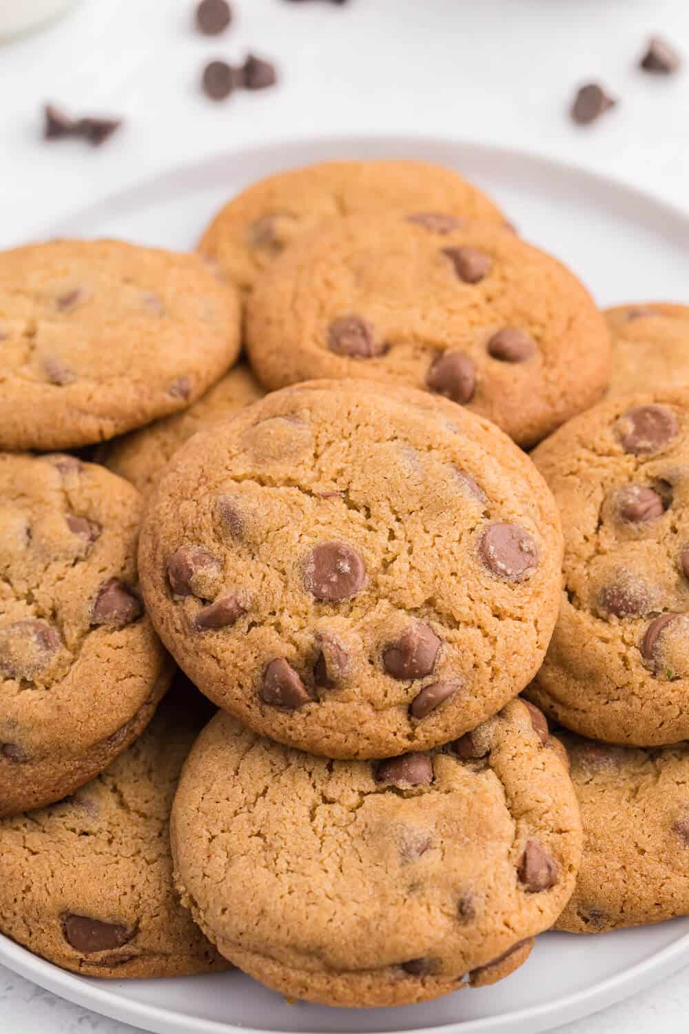 chocolate chip cookies on a white plate