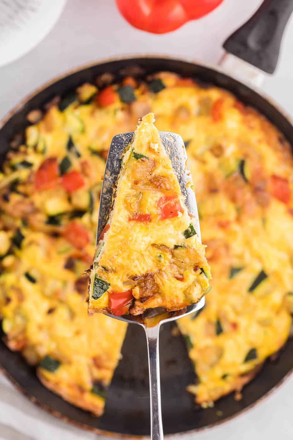 Caramelized Onion, Red Pepper & Zucchini Frittata - Loaded with red pepper and zucchini, this veggie-packed dish is healthy and filling - and low carb too!