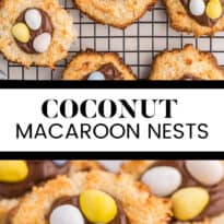 Coconut macaroon nutella cookie nests long collage pin.