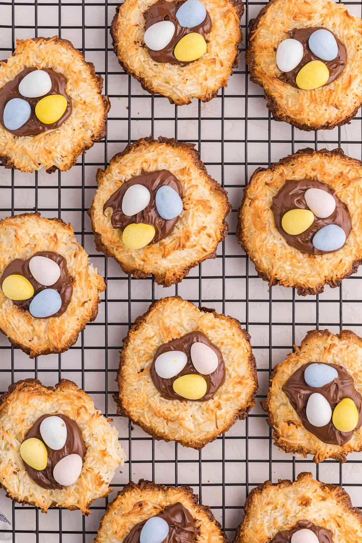 coconut macaroon nutella cookie nests on a baking rack