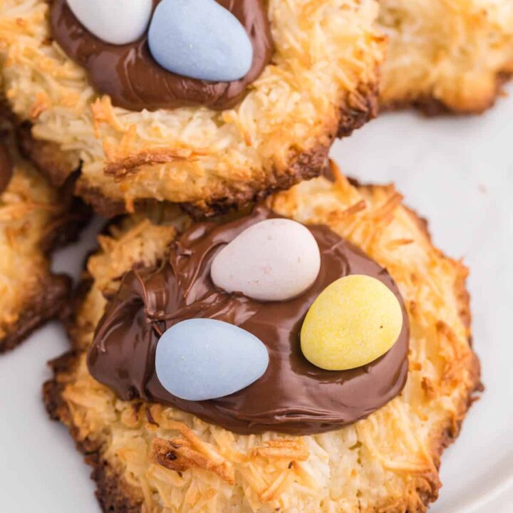 Coconut Macaroon Nutella Cookie Nests on a plate.