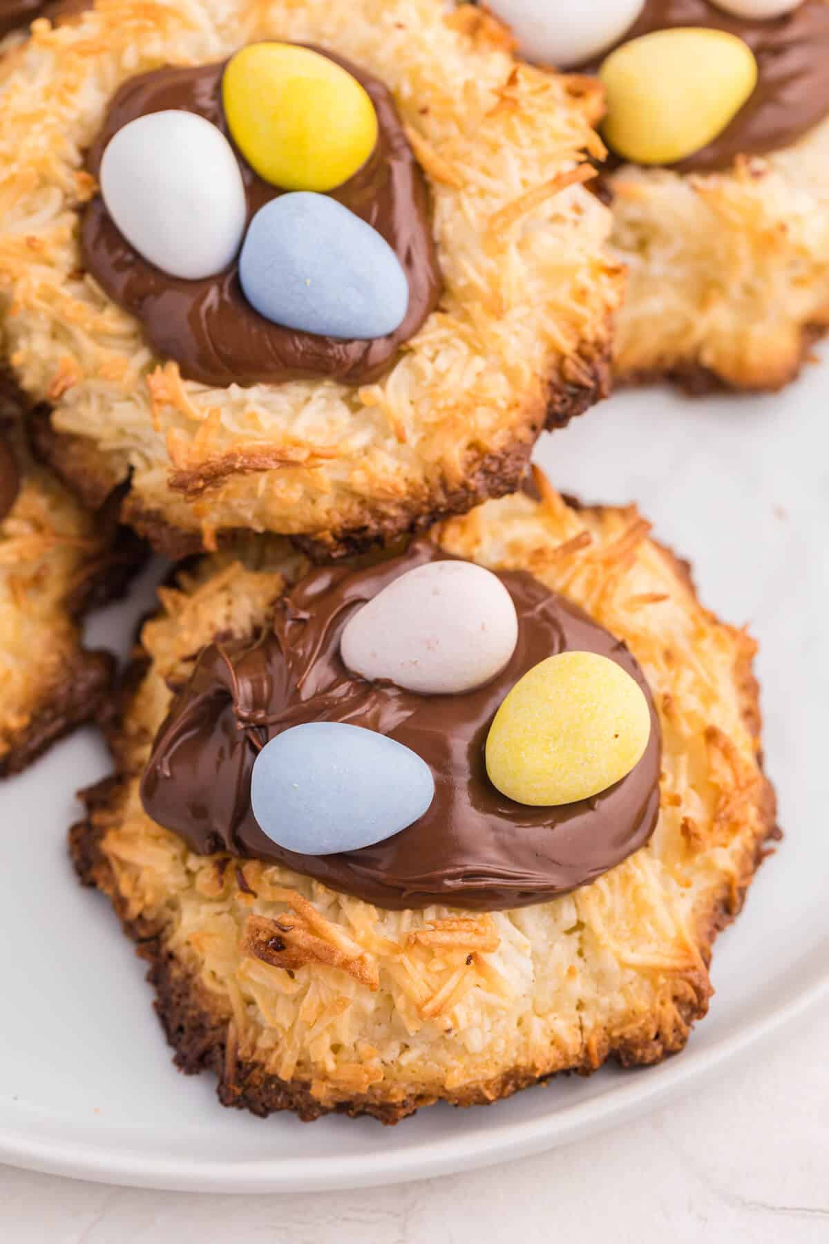 Coconut Macaroon Nutella Cookie Nests on a plate.