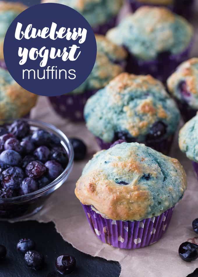 Blueberry Yogurt Muffins - These blueberry packed muffins are a perfect make-ahead for snacks and breakfast on-the-go. Using Greek yogurt in the recipe helps amp up the protein!