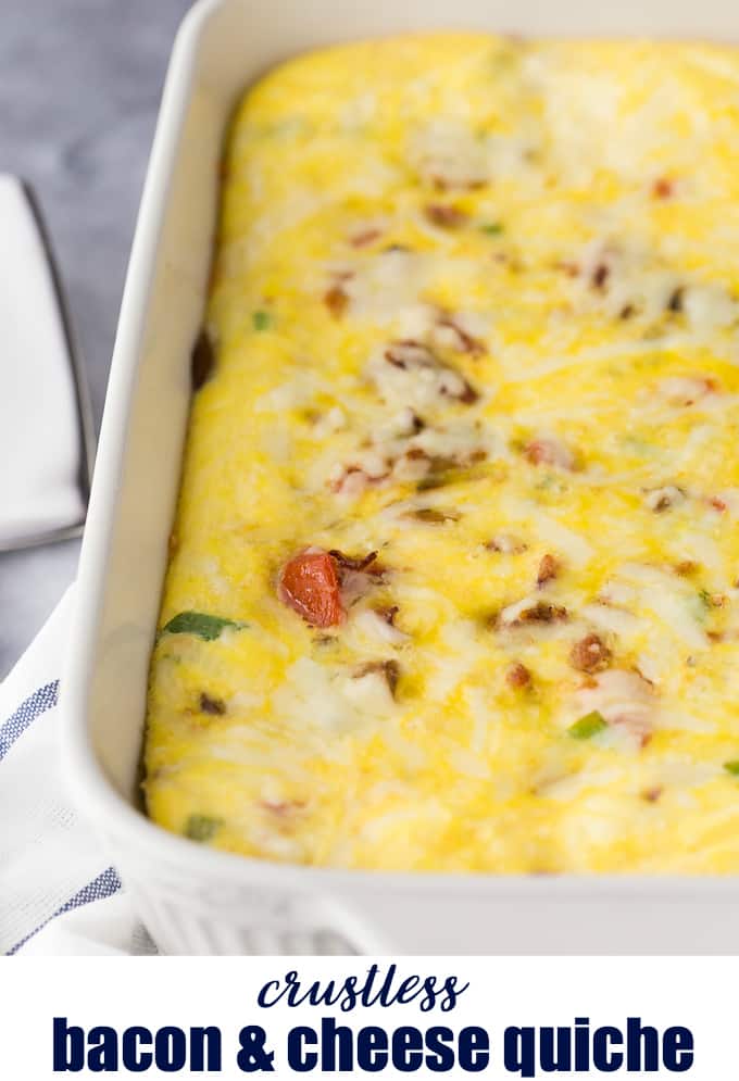 Crustless Bacon and Cheese Quiche - Rich, creamy eggs with bacon and cheese are a fantastic, lower carb option for brunch or dinner. Served with fruit or mixed greens, this is delicious and satisfying, no matter what time of day you make it! 