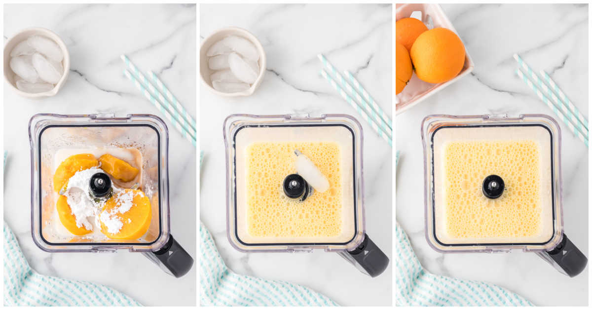Collage of mixing ingredients in a blender.