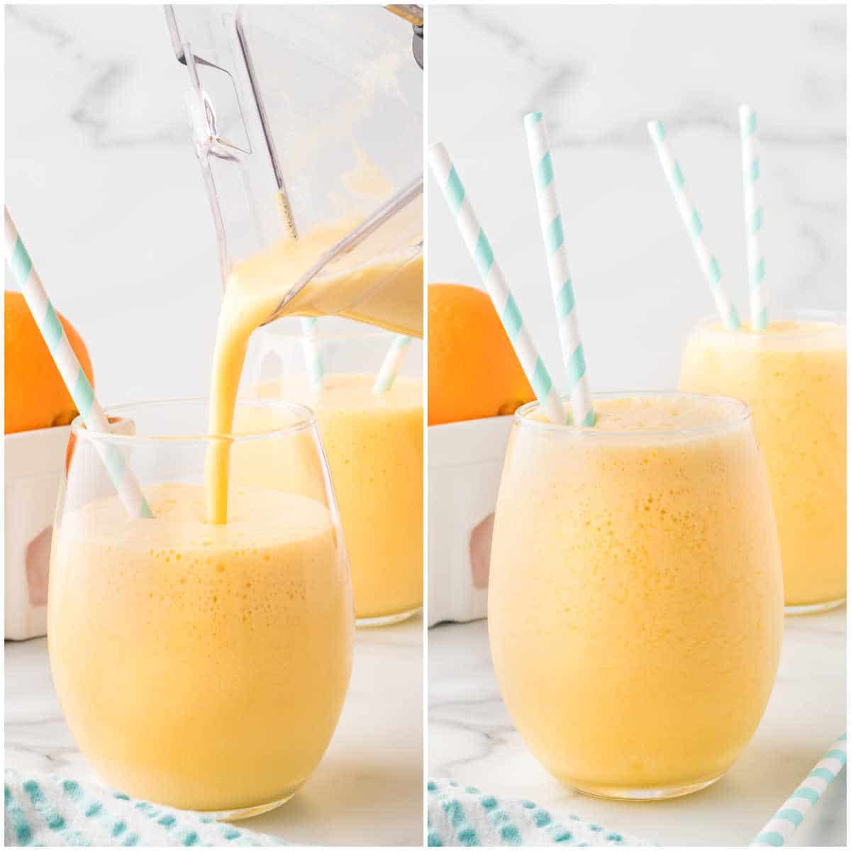 Collage of pouring the drink in glasses.