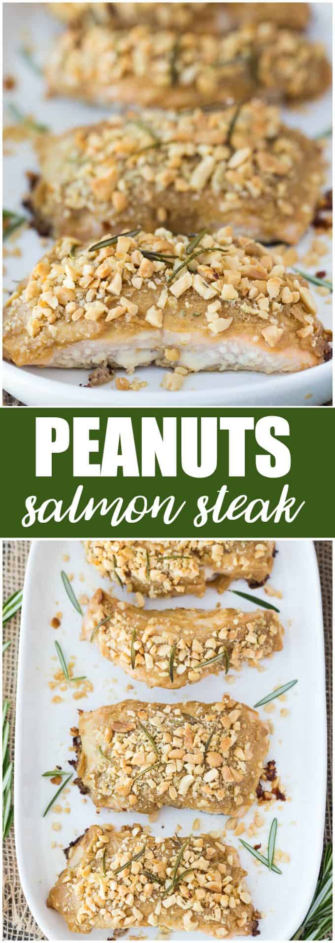 Peanuts Salmon Steak - This fish dish is covered in a savory peanut sauce and topped with roasted nuts. Perfect for dinner or meal prep recipe with just 7 pantry ingredients.