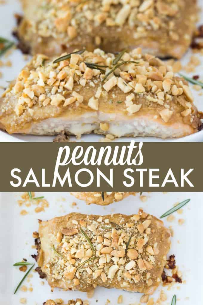 Peanuts Salmon Steak - This fish dish is covered in a savory peanut sauce and topped with roasted nuts. Perfect for dinner or meal prep recipe with just 7 pantry ingredients.