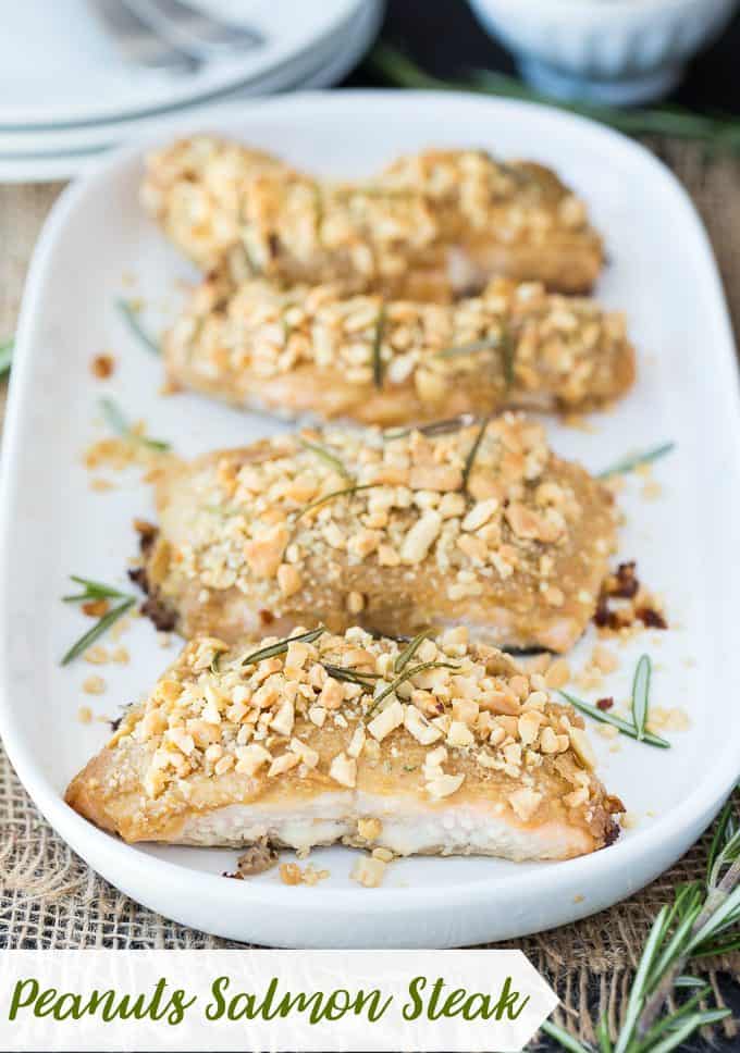 Peanuts Salmon Steak - This fish dish is covered in a savory peanut sauce and topped with roasted nuts. Perfect for dinner or meal prep recipe with just 7 pantry ingredients.