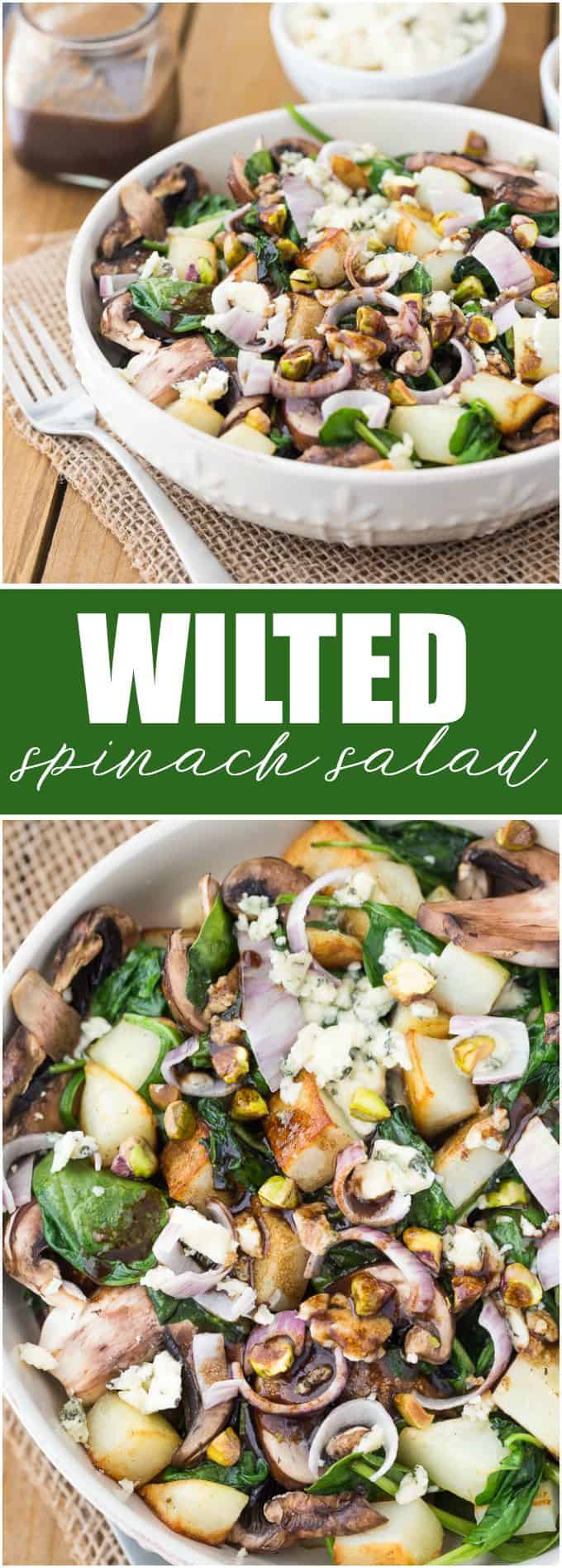 Wilted Spinach Salad - Crimini Mushrooms and Crispy Potato are topped on a bed of wilted spinach drenched with a raspberry balsamic dressing.