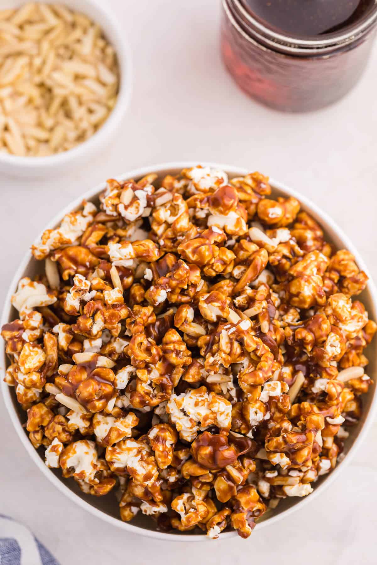 maple almond popcorn in a bowl.