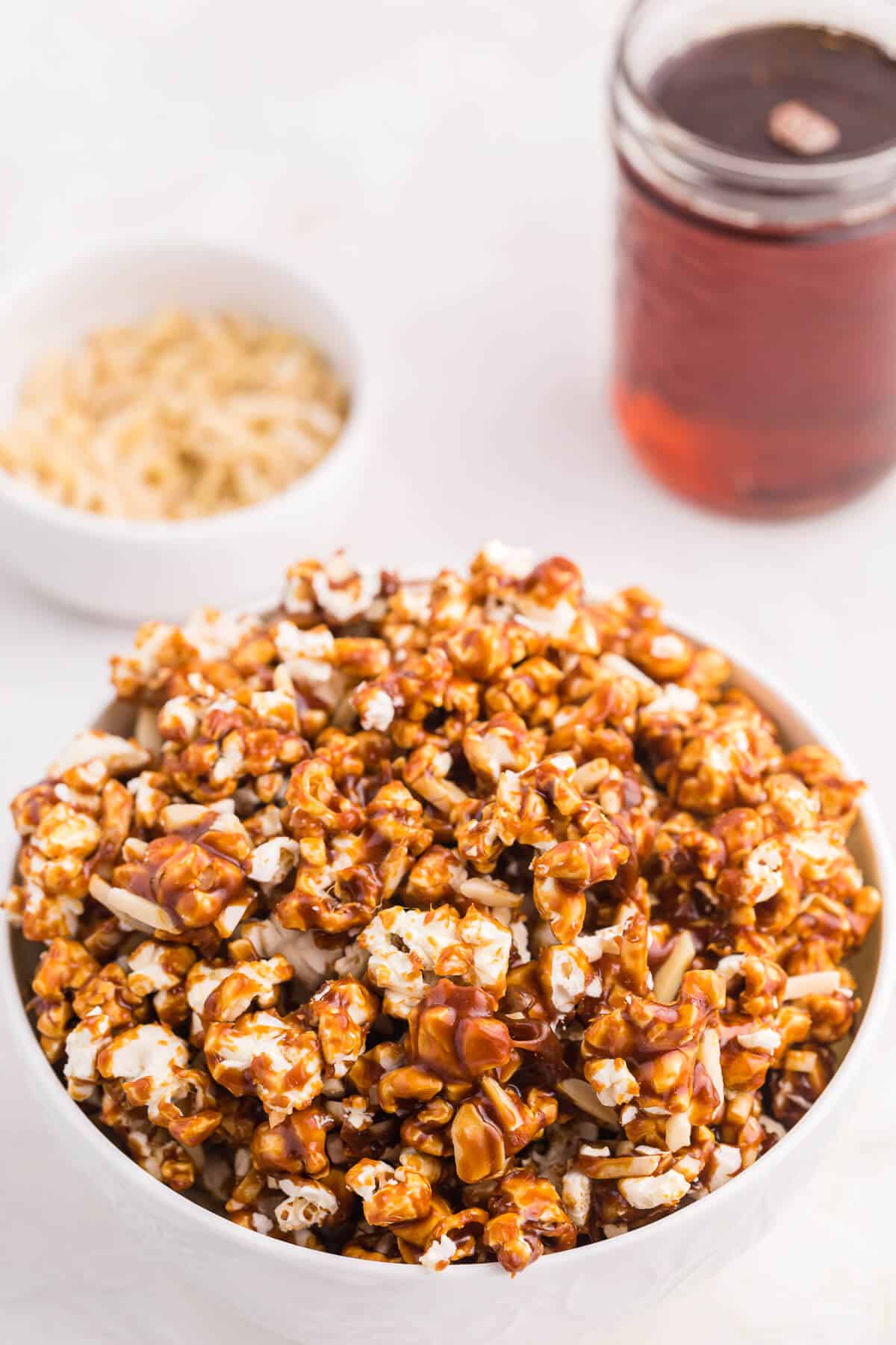 Maple almond popcorn in a bowl.