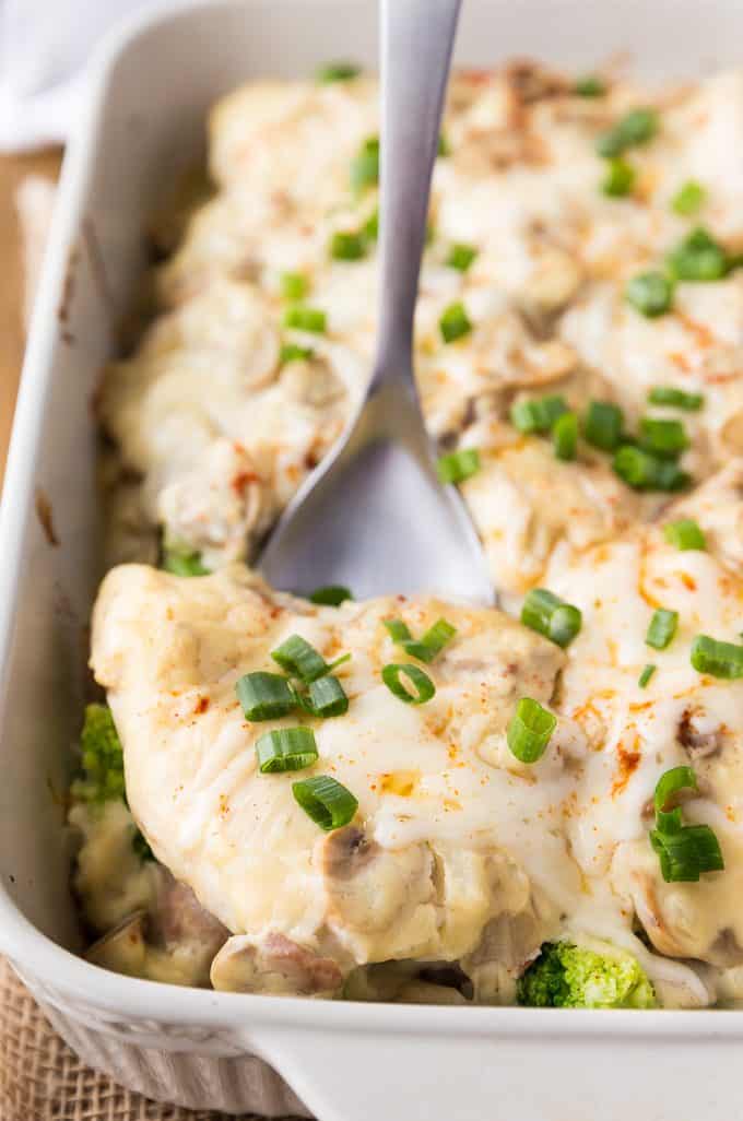 Chicken Prosciutto with Mushroom Sauce - Chicken breasts smothered in a creamy mushroom sauce followed by broccoli and proscuitto