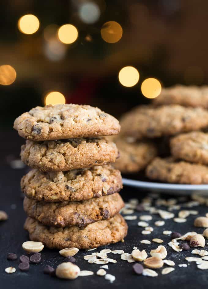 Peanut Butter & Oatmeal Chocolate Chip Cookies - Mega delicious cookies packed with mini chocolate chips, browned butter oats, creamy peanut butter and chopped peanuts. 