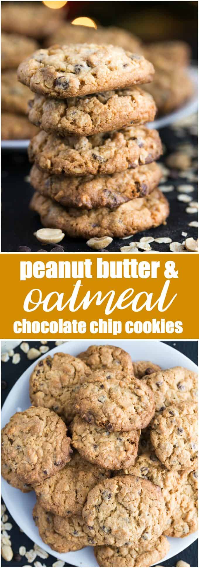 Peanut Butter & Oatmeal Chocolate Chip Cookies - Mega delicious cookies packed with mini chocolate chips, browned butter oats, creamy peanut butter and chopped peanuts. 