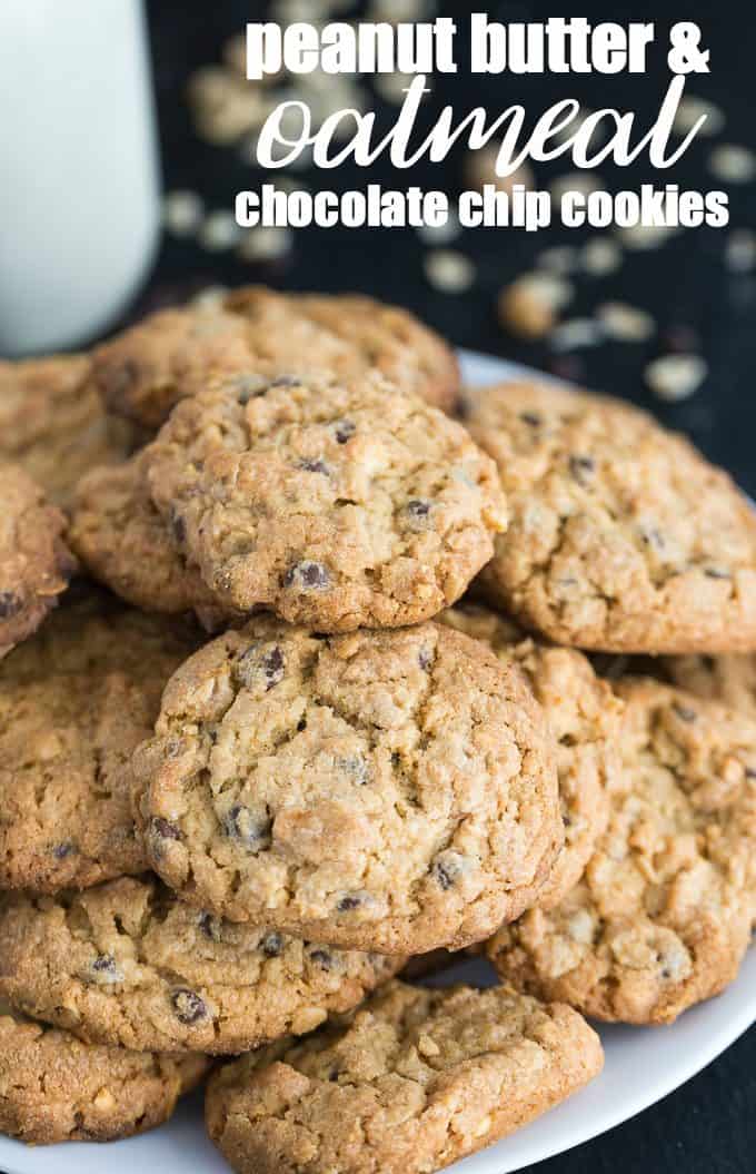 Peanut Butter & Oatmeal Chocolate Chip Cookies - Mega delicious cookies packed with mini chocolate chips, browned butter oats, creamy peanut butter and chopped peanuts. 