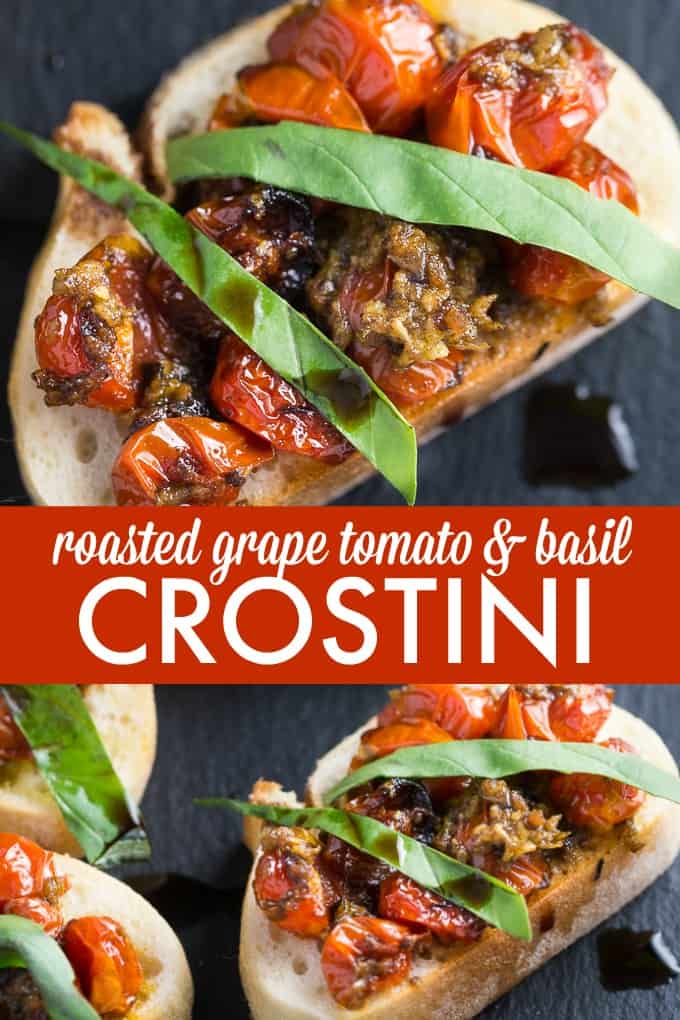 Roasted Grape Tomato and Basil Crostini - A toasted baguette is topped with grape tomatoes roasted in garlic and olive oil and finished off with ribbons of fresh basil and a drizzle of balsamic vinegar.