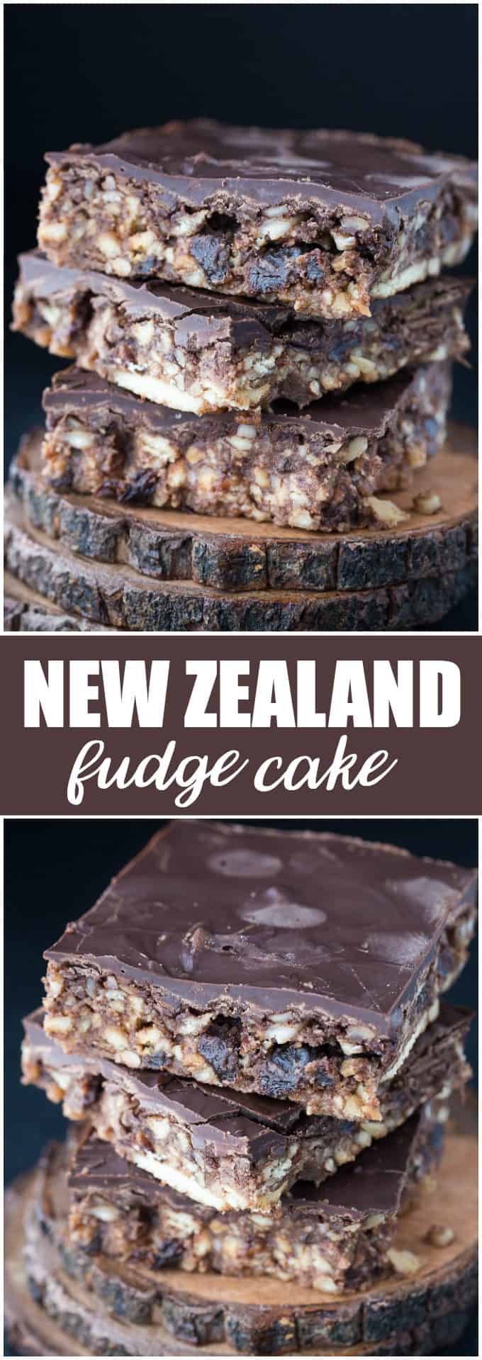 New Zealand Fudge Cake - A simple, no-bake dessert made with raisins, nuts, cookies and lots of chocolate!