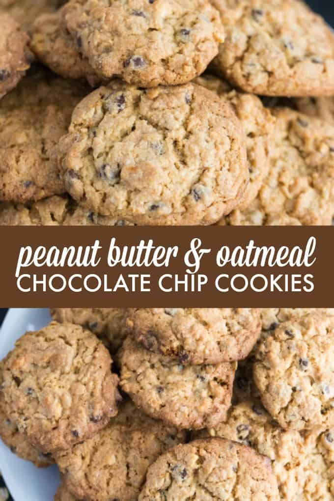 Peanut Butter & Oatmeal Chocolate Chip Cookies - Mega delicious cookies packed with mini chocolate chips, browned butter oats, creamy peanut butter and chopped peanuts. 