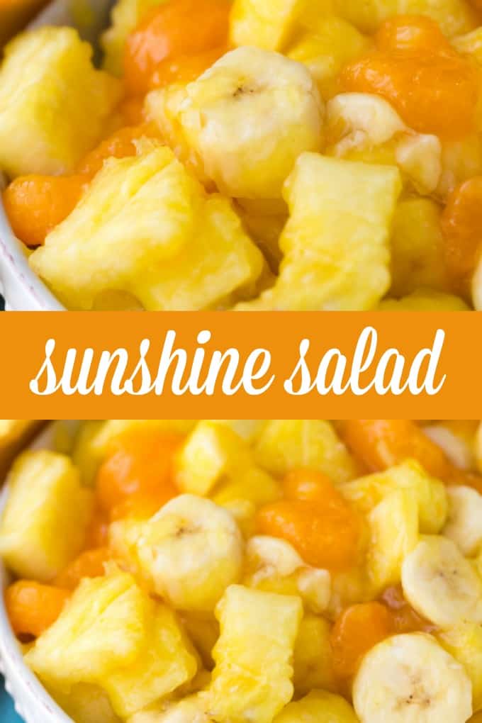 Sunshine Salad - The brightest fruit salad filled with pineapple, bananas and mandarin oranges! This low-calorie option is perfect for summer with only 4 ingredients.
