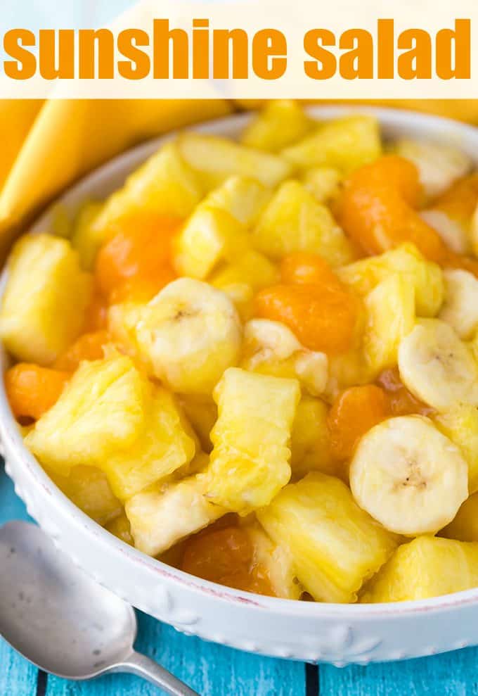 Sunshine Salad - The brightest fruit salad filled with pineapple, bananas and mandarin oranges! This low-calorie option is perfect for summer with only 4 ingredients.