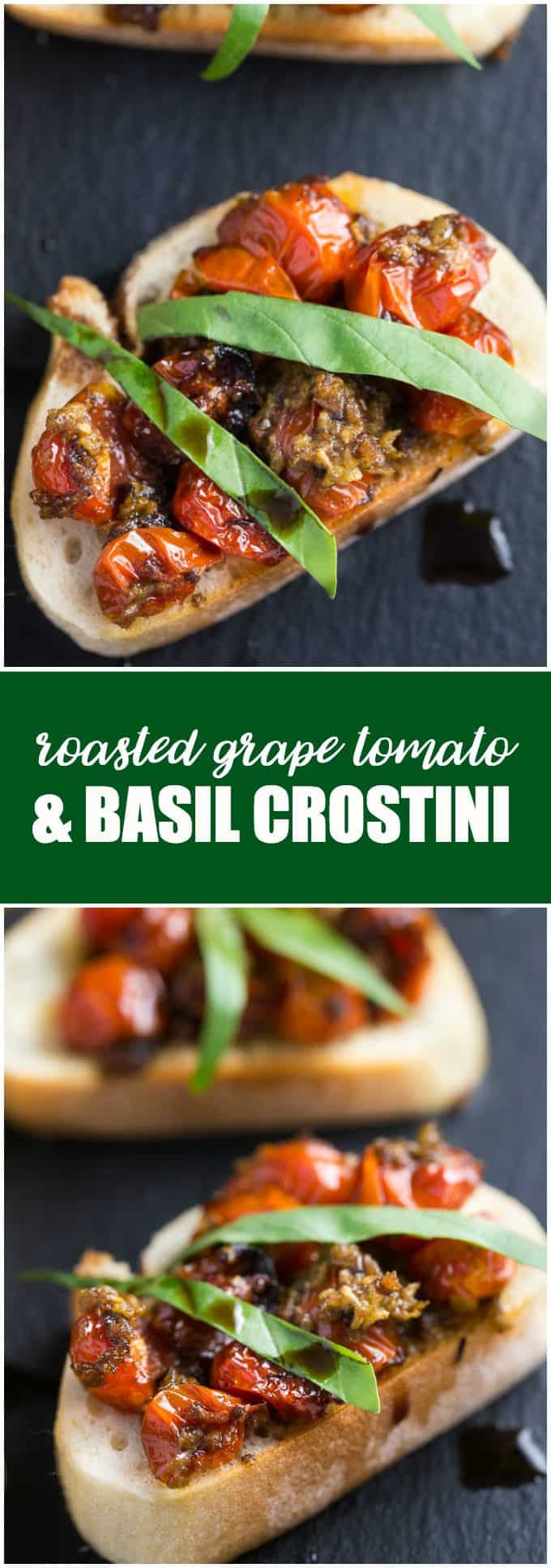 Roasted Grape Tomato and Basil Crostini - A toasted baguette is topped with grape tomatoes roasted in garlic and olive oil and finished off with ribbons of fresh basil and a drizzle of balsamic vinegar.