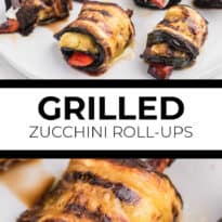 Grilled Zucchini Roll-Ups - A simple, but savory summer appetizer. This easy recipe wraps grilled zucchini strips around herbed goat cheese and grilled red peppers with a finish of extra olive oil and balsamic vinegar. Mmm!