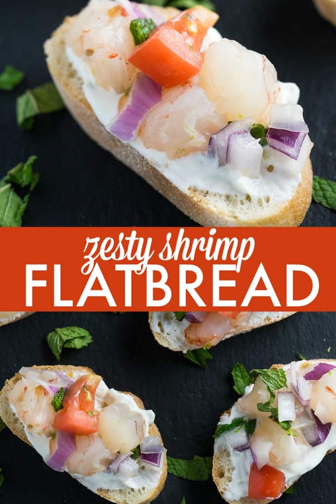 Zesty Shrimp Flatbred - Tantalize your tastebuds with this appetizer. Tzatziki, mint and jalapenos collide to kick the zing up on this shrimp recipe. 