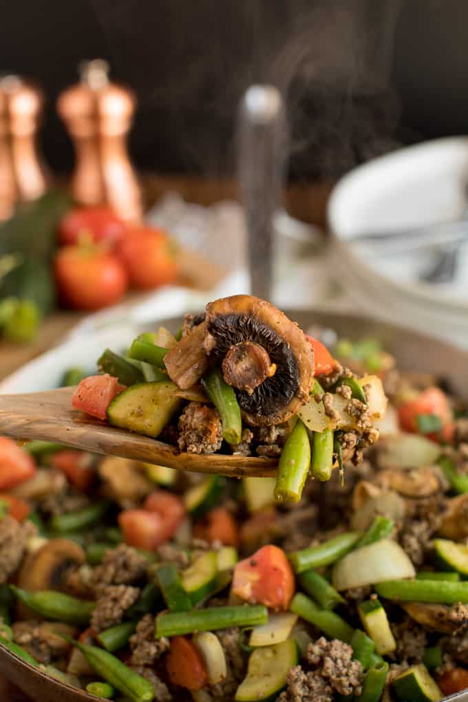 Garden Vegetable Beef Skillet - a one pan meal made with fresh veggies, spices and ground beef!