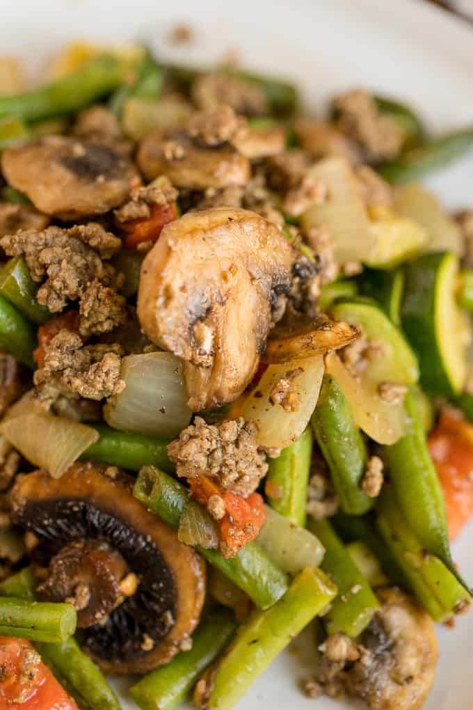 Garden Vegetable Beef Skillet - a one pan meal made with fresh veggies, spices and ground beef!