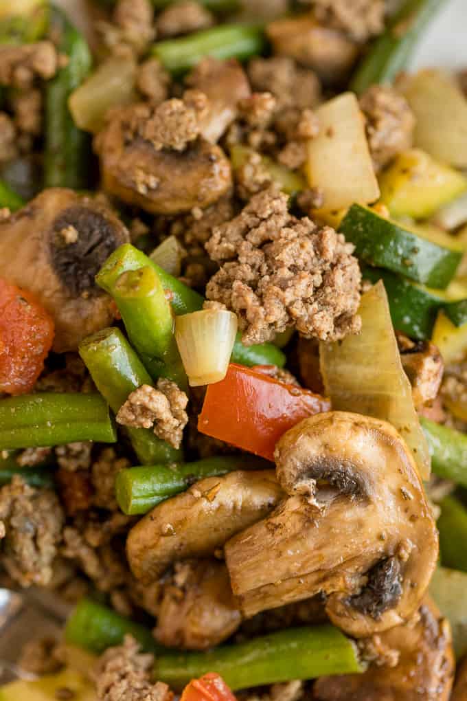 Garden Vegetable Beef Skillet - a one pan meal made with fresh veggies, spices and ground beef!