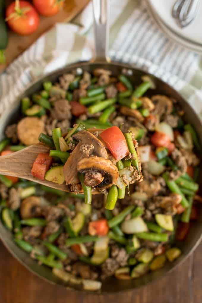 Garden Vegetable Beef Skillet - a one pan meal made with fresh veggies, spices and ground beef!